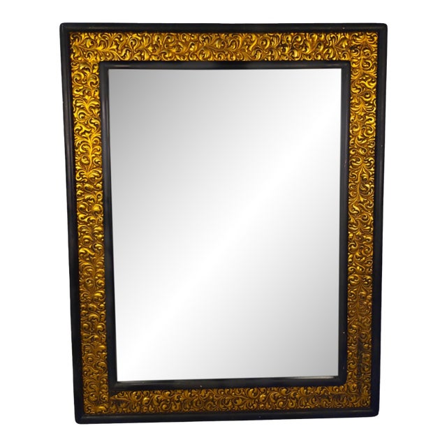 1970s Hollywood Regency Black & Gilt Foliate Relief Rectangular Wall Mirror For Sale