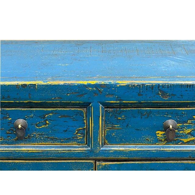 Distressed Bright Blue Oriental Sideboard Credenza Console Table Cabinet For Sale - Image 12 of 18