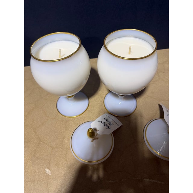 Pair of Vintage Botanical Opaline Glass Candle Jars With Lids – Antique Flames Soy Candles For Sale - Image 4 of 5