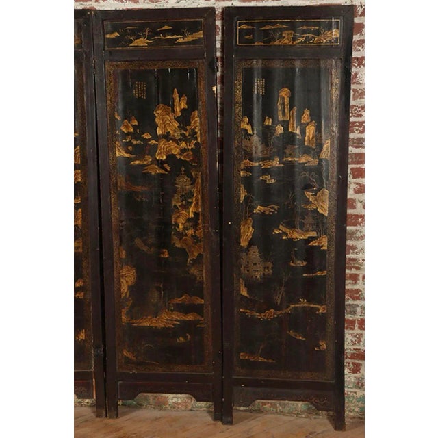 1900 - 1909 Chinese Four Panel Black Lacquer Folding Room Divider Screen Circa 1900 For Sale - Image 5 of 6