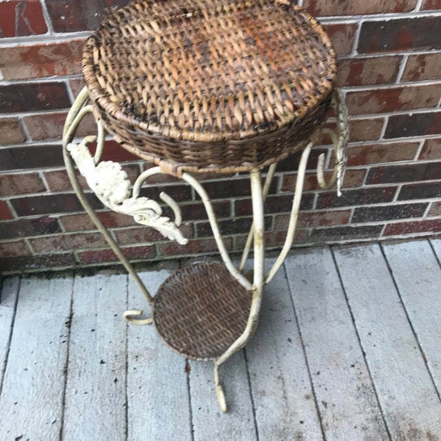 Antique White Wrought Iron and Rattan Wicker Plant Stand For Sale - Image 8 of 13