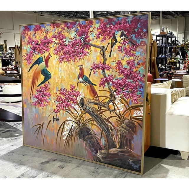 Signed Chinoiserie Painting of Florals and Birds on Canvas For Sale - Image 4 of 12