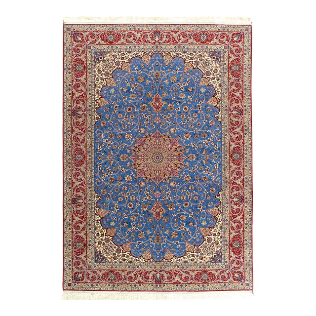 Light Blue Fine Hand Knotted Persian Silk & Wool Isfahan Rug For Sale