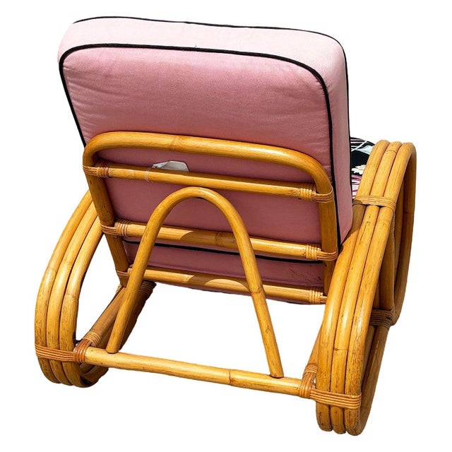 1950s Restored Mid-Century 3-Strand 3/4 Round Pretzel Arm Rattan Lounge Chair For Sale - Image 5 of 6