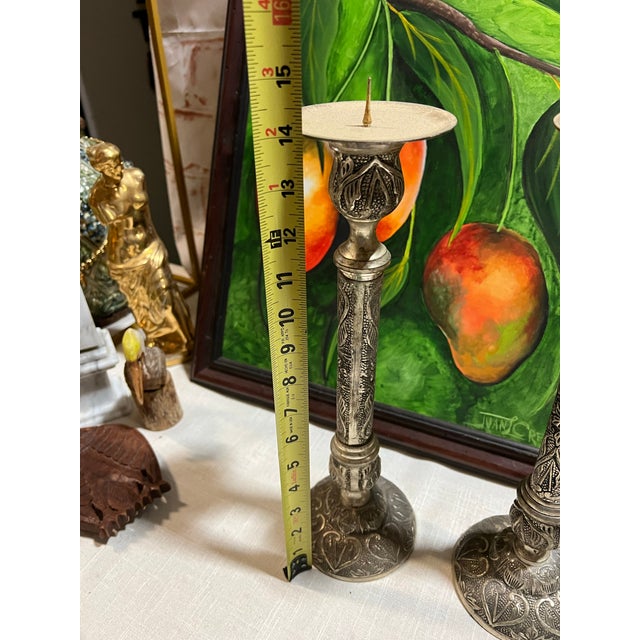 Pair of 1970s Silver-Tone Metal Tall Etched Candleholders For Sale In Atlanta - Image 6 of 6
