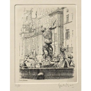 Giuseppe Malandrino - Navona Square, the Triton Fountain - Etching - 1970 For Sale