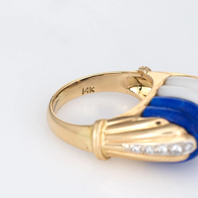 Metal Mid 20th Century Mid Century Vintage Ring Diamond Fluted Sodalite White Agate 14k Gold Cocktail size 6.5 For Sale - Image 7 of 7