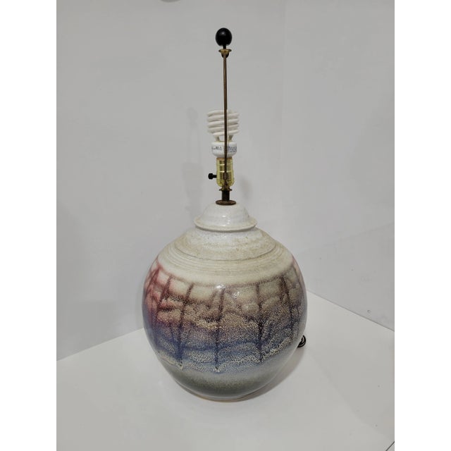 Large Modernist Artist Signed Glazed Pottery Lamp For Sale - Image 4 of 11
