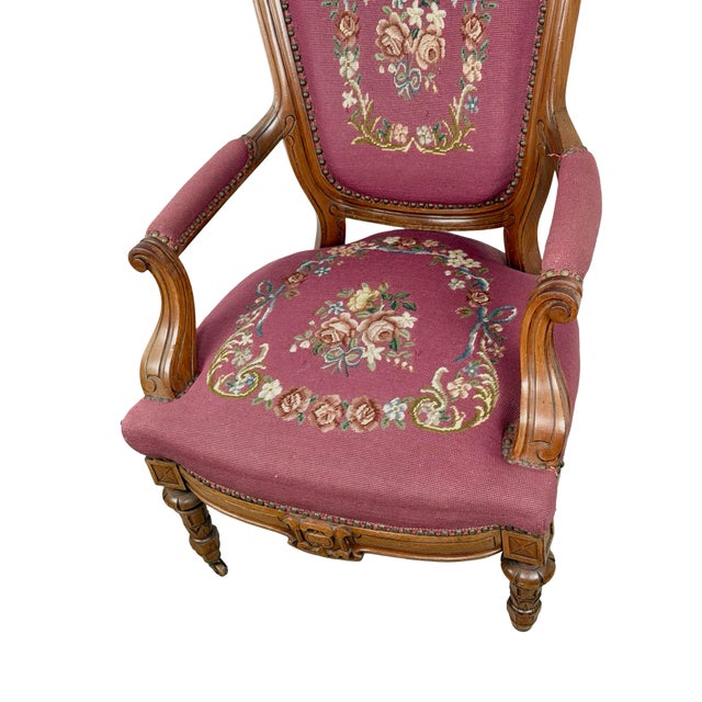 Vintage Renaissance Revival Carved Armchair With Burgundy Floral Upholstery For Sale - Image 11 of 18
