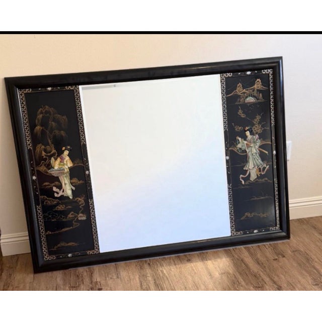Vintage Chinoiserie Black Lacquer Figural Mirrors, 2-Piece Set For Sale - Image 4 of 6