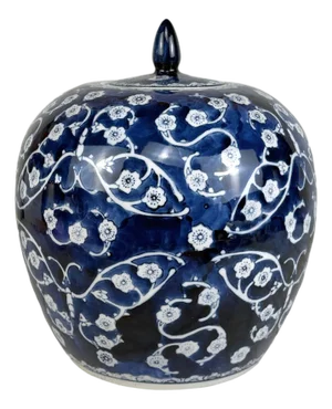 Vintage Chinese Chinoiserie Blue & White Porcelain Butterfly Floral Ginger Jar