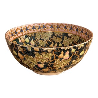 Vintage Royal Satsuma Porcelain Bowl, Late 20th Century Black and Gold Pear Motif, Chinese Decorative Bowl, Chinoiserie Home Decor For Sale