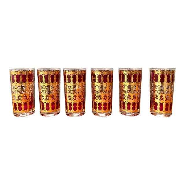 Vintage Mid Century Modern Gold and Multicolor Glass Highball Culver Glasses. Set of 6 For Sale