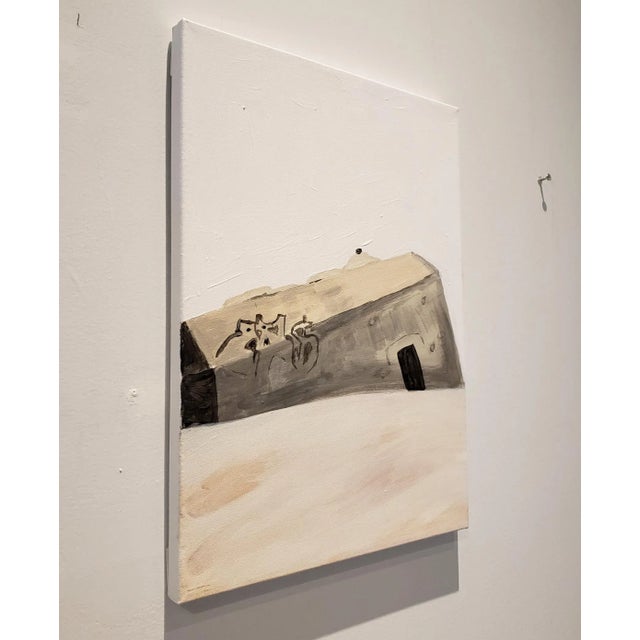 Minimalist painting of an abandoned and tagged bunker on a French beach by contemporary artist Lionel Lamy. Acrylic on...