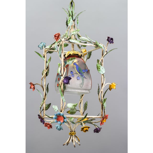 French Tole and Glass Polychrome Pastel Flower Cage Pendant Light, 1950s For Sale - Image 13 of 18