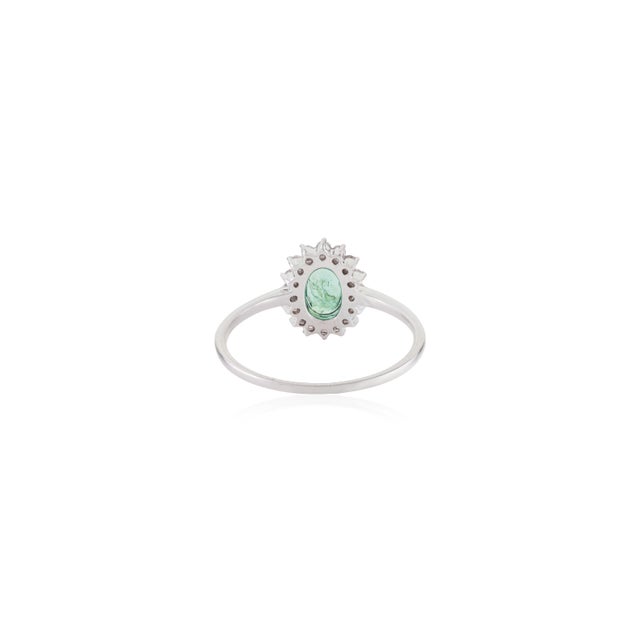 Metal Natural Emerald Diamond Halo Art Deco Ring Size 5 in 14k White Gold For Sale - Image 7 of 13