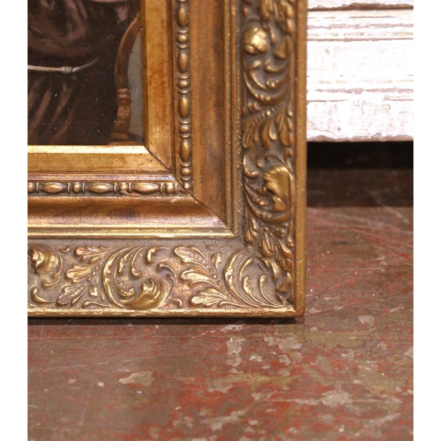19th C. French “Monks Drinking” Oil on Board Painting in Carved Gilt Frame For Sale - Image 9 of 10