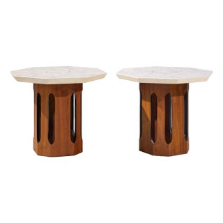 Harvey Probber Mid Century Walnut and Terrazzo Side End Tables - Pair For Sale