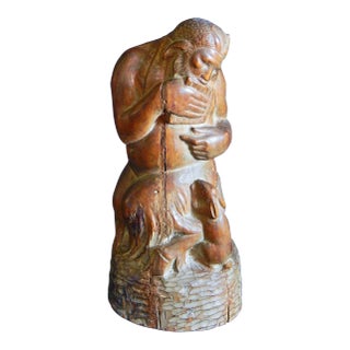 Early 20th Century "Pan and Rabbit" Carved Mahogany Sculpture For Sale