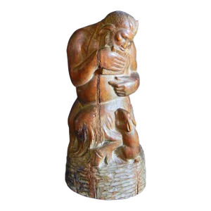 Early 20th Century "Pan and Rabbit" Carved Mahogany Sculpture