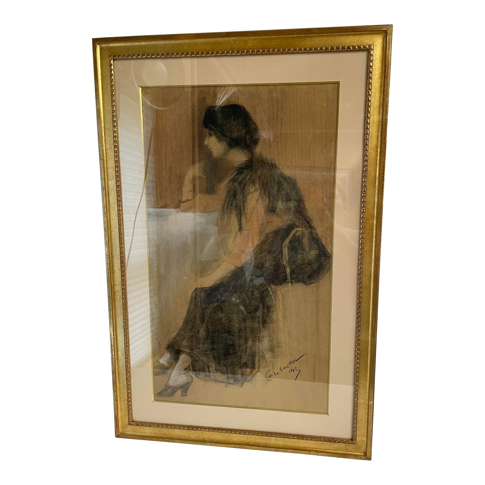 Vintage French Chalk Charcoal Painting - Signed and Professionally ...
