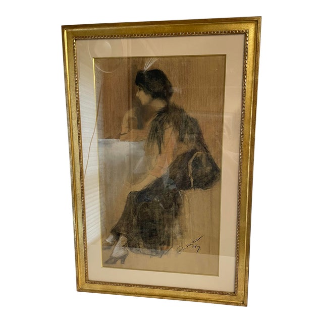 Vintage French Chalk Charcoal Painting - Signed and Professionally Matted and Framed For Sale