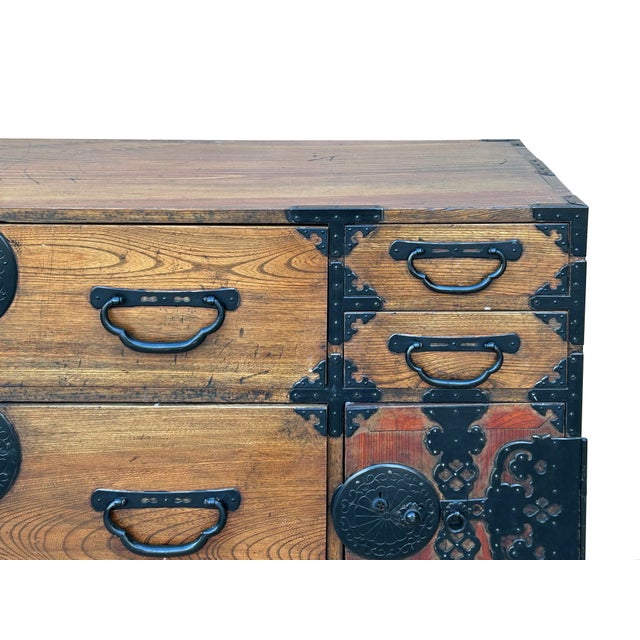 Vintage Brown Wood Black Hardware Accent Stack Tansu Chest Cabinet For Sale - Image 9 of 10