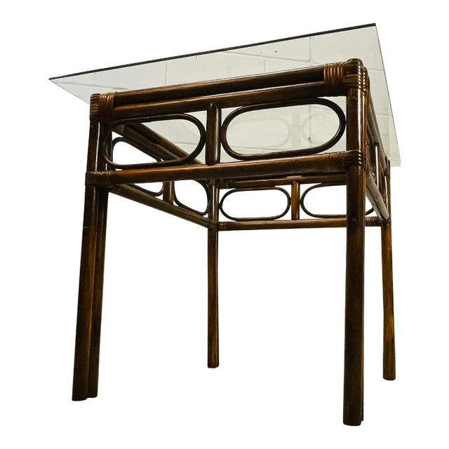 Vintage 1970s Rattan & Glass Rectangular Side Table For Sale