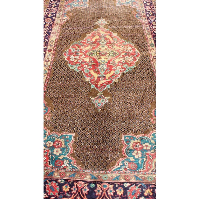 Camel Hair Vintage Persian Serab Rug in Brown, Red, Turquoise and Dark Blue For Sale - Image 9 of 13