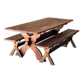 1960s Spanish Pine Wedge Joint Dining Set Table and Bench For Sale