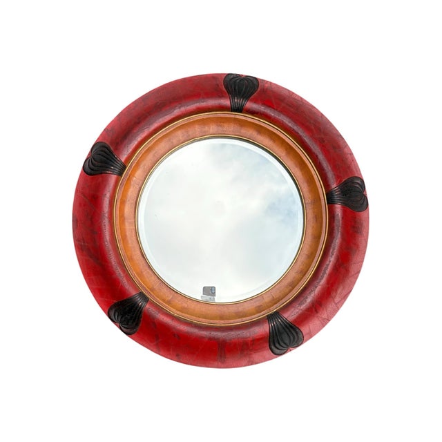 Vintage Red & Tan Leather Round Wall Mirror Sculptural Accent 36” For Sale - Image 4 of 6