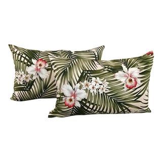 Vintage Barkcloth Fronds and Lillies Lumbar Pillows - a Pair For Sale