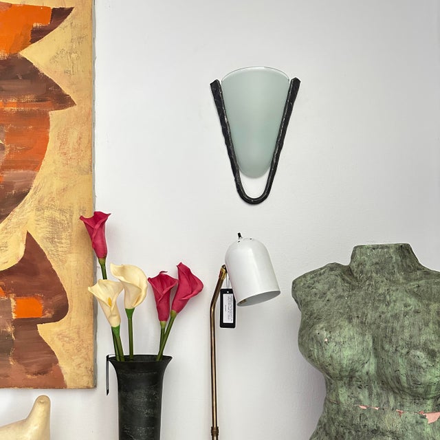 Postmodern Frosted Glass and Hammered Iron Wall Sconces For Sale In New York - Image 6 of 13
