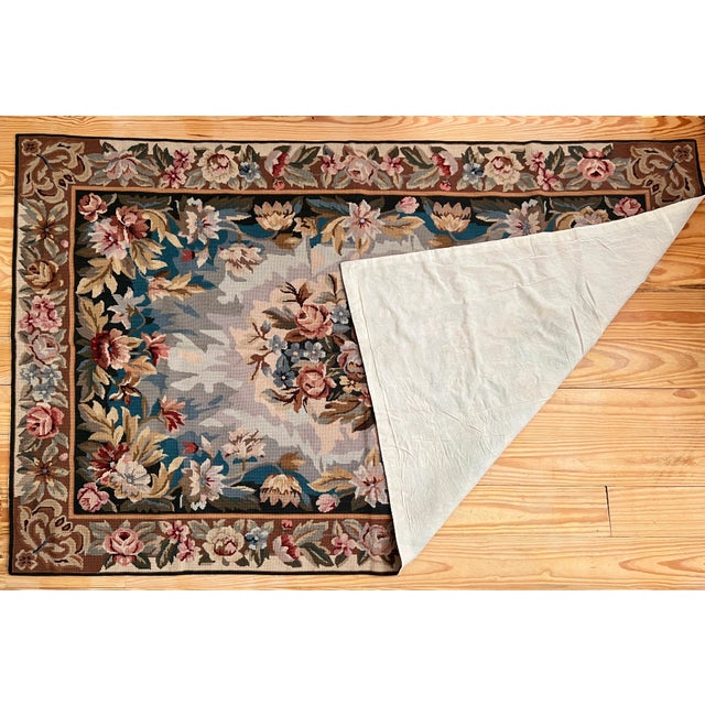 Cornflower Blue Vintage Aubusson Style Floral Needlepoint Tapestry Textile/Rug 46 1/4" X 71" For Sale - Image 8 of 8