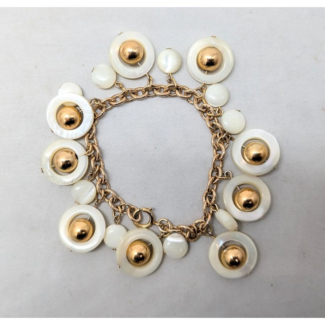 American Vintage Napier Goldtone Mother-of-Pearl Charm Bracelet For Sale - Image 3 of 6