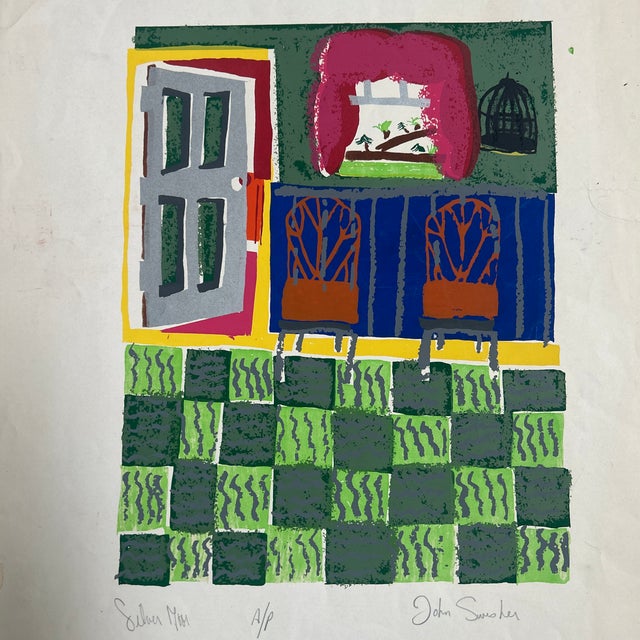 Folk Art 1970’s Original Folk Art Colorful House Interior Serigraph Print For Sale - Image 3 of 8