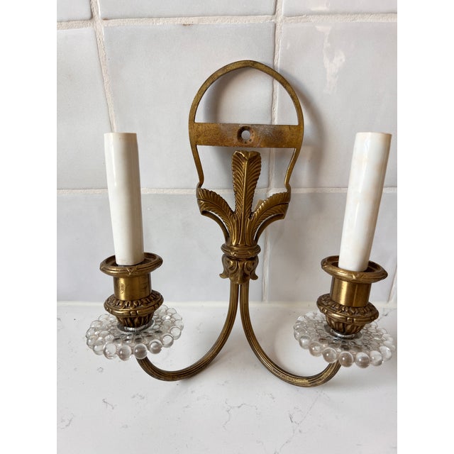 1950s Antique Louis XIV Style Brass Bronze Two-Arm Wall Sconces Pair of Two For Sale - Image 5 of 15