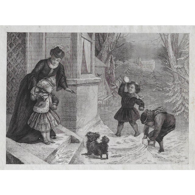 Antique line and stipple engraving of "The First Snowball" by R. Petherick. Circa 1880s.