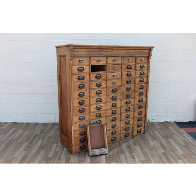 Antique 60-Drawer Solid Oak Apothecary Cabinet | Ventura County Workshop Cabinet For Sale - Image 11 of 18