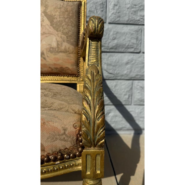 1970s Louis XVI Style Giltwood Settee With Scenic Tapestry Upholstery For Sale - Image 12 of 13