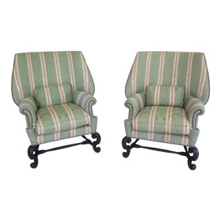 Dutch Baroque Style Scrolled Leg Damask Parlor Chairs- A Pair For Sale