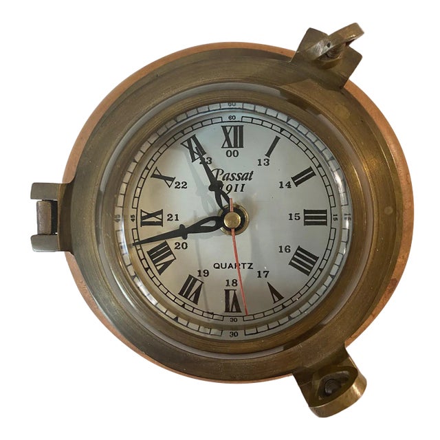 Vintage Passat Ship Clock by Sarreid Metal on Wood Base. For Sale