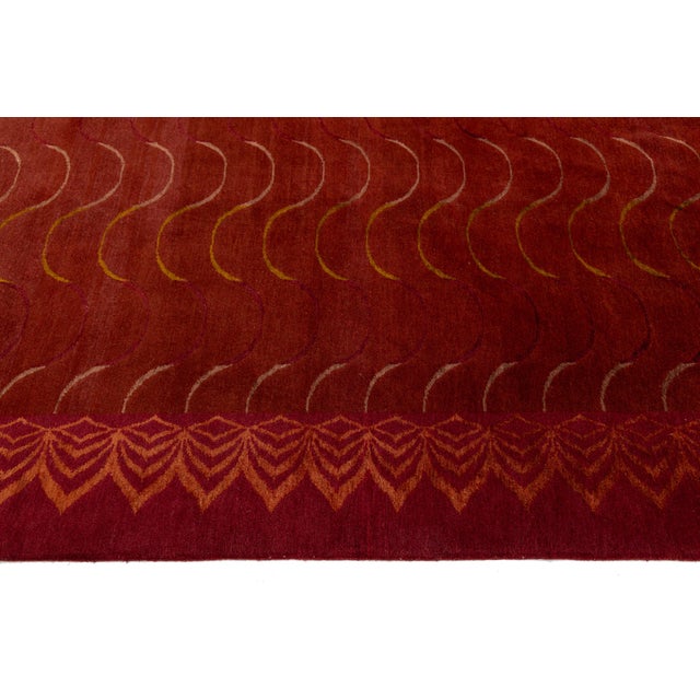 Contemporary Tibetan Wool & Silk Rug in Crimson and Gold With Art Deco Boder For Sale In New York - Image 6 of 11