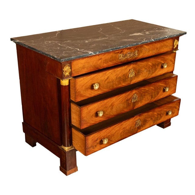 Wood Antique French Empire Mahogany Marble Top Ormolu Commode Chest of Drawers 1810 For Sale - Image 7 of 17