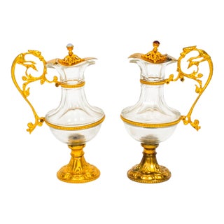 19th Century French Ormolu & Glass Ewers, Set of 2 For Sale