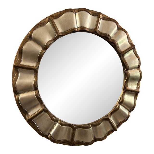 Silver and Gold Antique Finish Pedal Shape Round Wood Wall Mirror For Sale