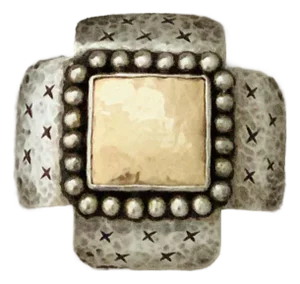 1980’s Dian Malouf Oxidized Sterling & 14k Gold Hammered ‘Signature’ Cross Pin/Brooch, With Beaded Silver Frame & Incised Cross Pattern
