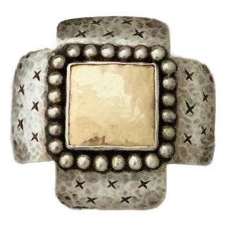 Early Vintage 1980’s Dian Malouf Oxidized Sterling & 14k Gold Hammered ‘Signature’ Cross Pin/Brooch, With Beaded Silver Frame & Incised Cross Pattern For Sale