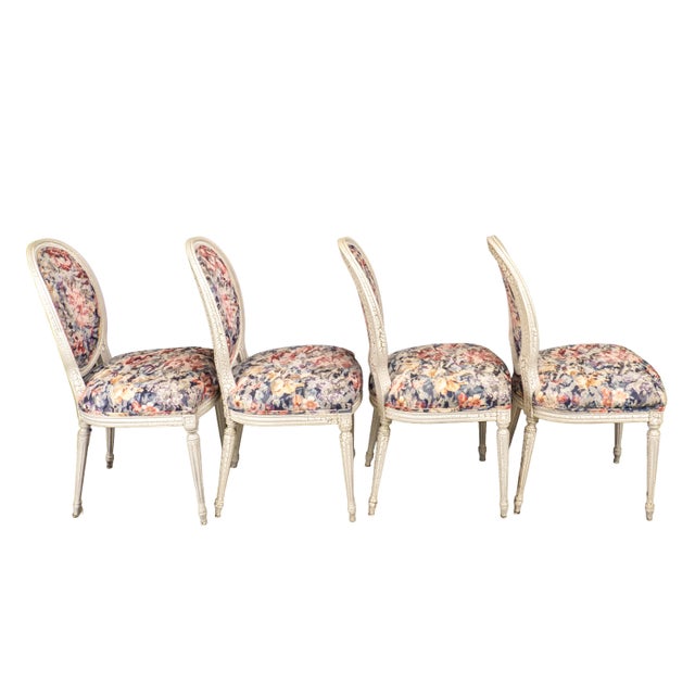 1980s French Style Shabby Chic Dining Chairs Floral Upholstery Distressed Crackle Finish - Set of 4 For Sale - Image 11 of 18