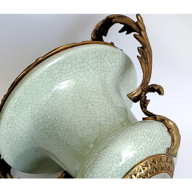 Large Urn Vase Celadon Green & Brass Ormolu For Sale - Image 11 of 12